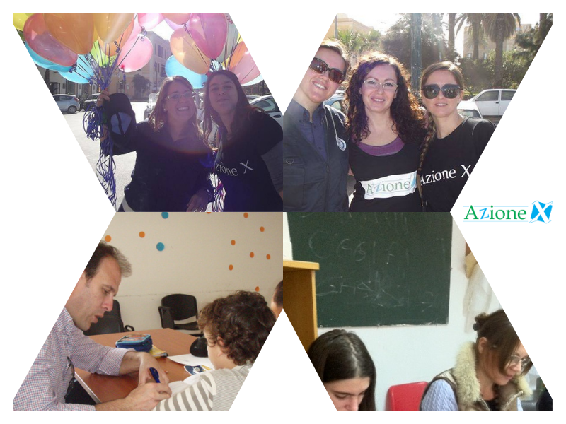 Questa immagine mostra un collage di 4 immagini dei volontari di azione X al lavoro nel Centro di ascolto mobile a Trapani